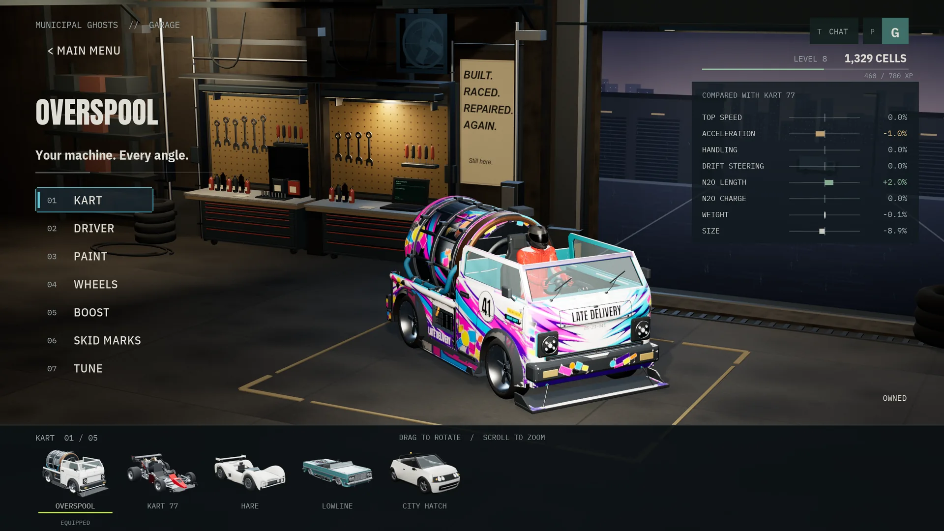 The garage inventory with the Late Delivery kei truck, level and Cells in the corner