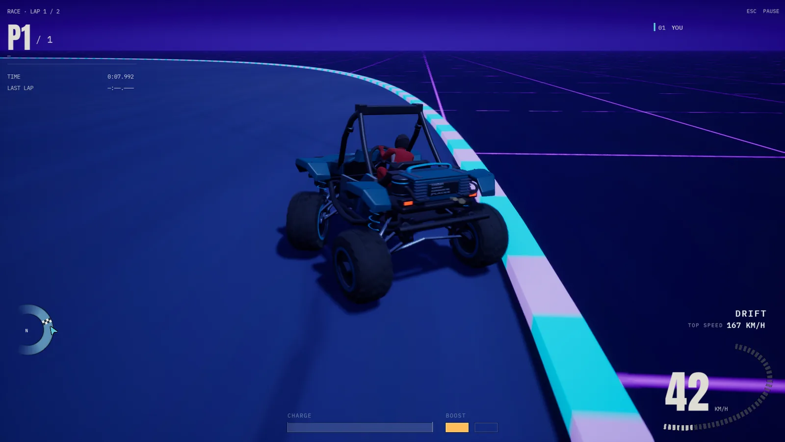 A buggy drifting along cyan and lavender kerbs on the night grid