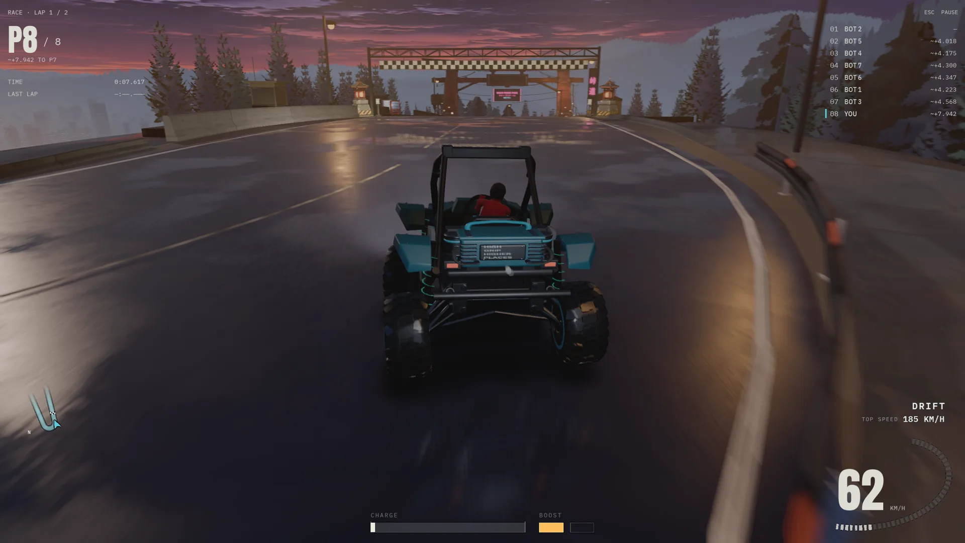 A full field of karts drifting into a corner at dusk