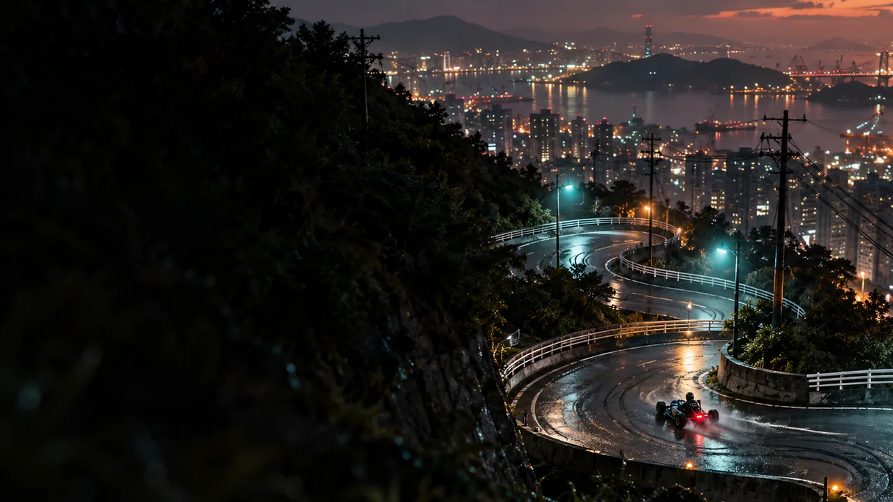 A switchback road lit by streetlamps above a harbour